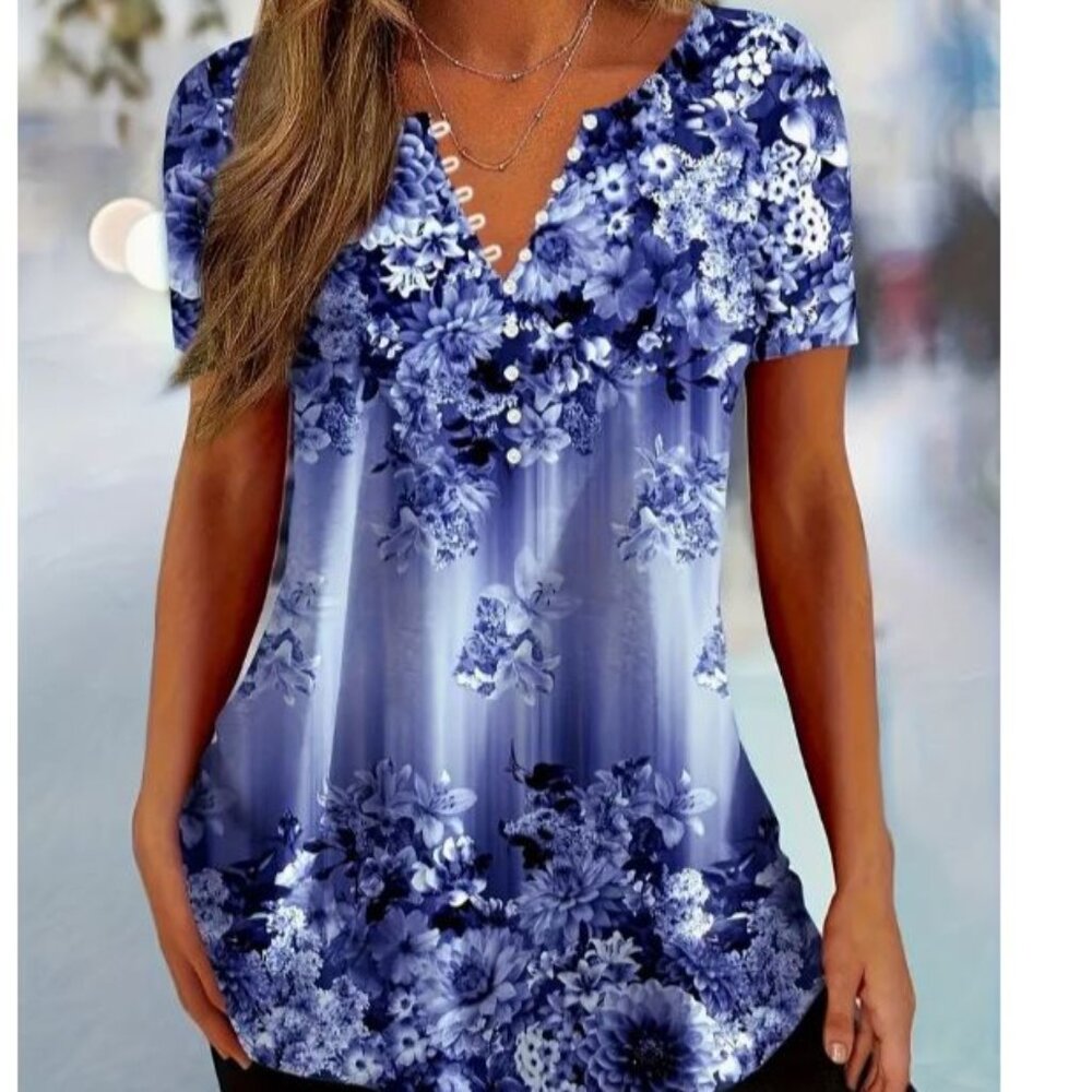 Floral Print Button Front Top Vintage Notched Neck Short Sleeve Blue XXL (14)